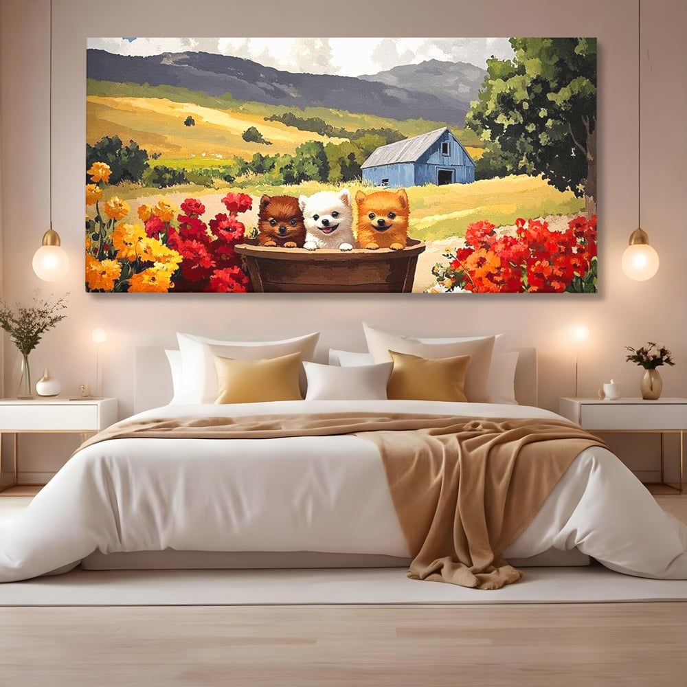 Tablou Canvas Premium, LuxCanva® M1256, Tabara Catelusilor, Catelusi, Flori, Peisaj, Dragalas, Casa, Ferma, Vegetatie, Rustic, Joaca, Copilarie, Prietenie, Birou, Living, Camera Copil