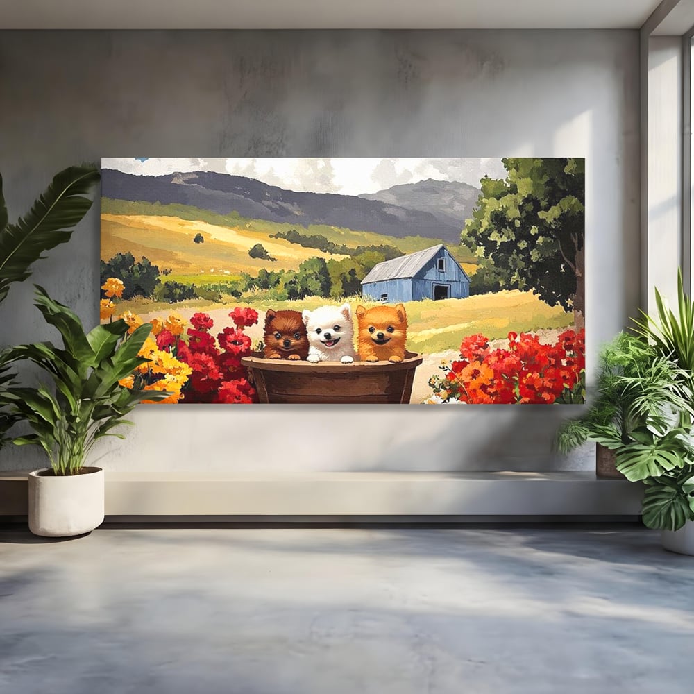 Tablou Canvas Premium, LuxCanva® M1256, Tabara Catelusilor, Catelusi, Flori, Peisaj, Dragalas, Casa, Ferma, Vegetatie, Rustic, Joaca, Copilarie, Prietenie, Birou, Living, Camera Copil