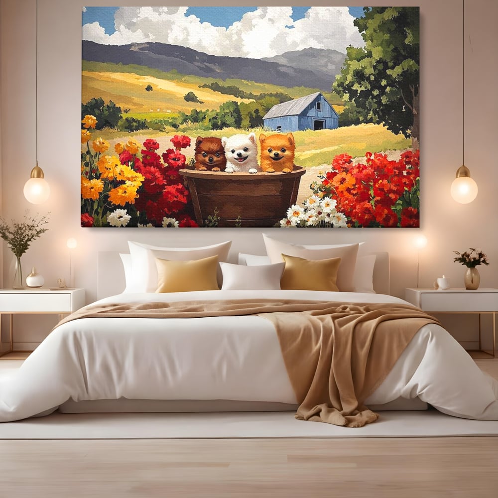 Tablou Canvas Premium, LuxCanva® M1256, Tabara Catelusilor, Catelusi, Flori, Peisaj, Dragalas, Casa, Ferma, Vegetatie, Rustic, Joaca, Copilarie, Prietenie, Birou, Living, Camera Copil