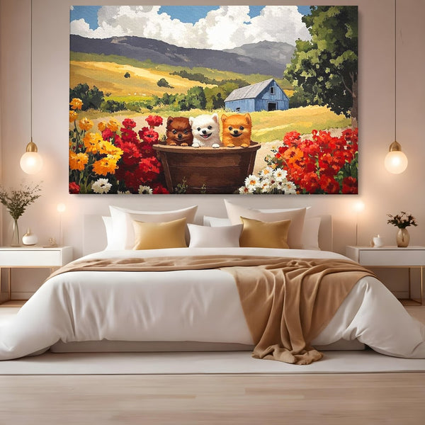 Tablou Canvas Premium, LuxCanva® M1256, Tabara Catelusilor, Catelusi, Flori, Peisaj, Dragalas, Casa, Ferma, Vegetatie, Rustic, Joaca, Copilarie, Prietenie, Birou, Living, Camera Copil