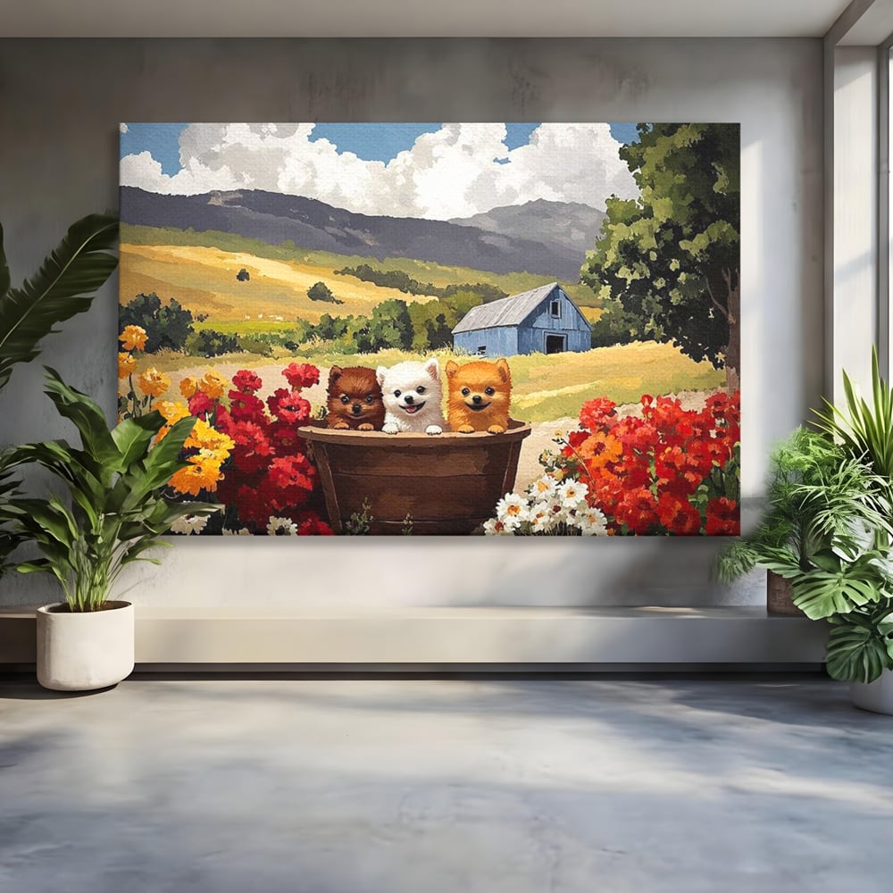 Tablou Canvas Premium, LuxCanva® M1256, Tabara Catelusilor, Catelusi, Flori, Peisaj, Dragalas, Casa, Ferma, Vegetatie, Rustic, Joaca, Copilarie, Prietenie, Birou, Living, Camera Copil