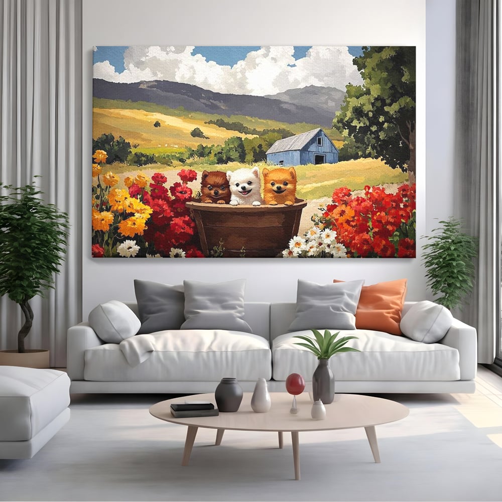 Tablou Canvas Premium, LuxCanva® M1256, Tabara Catelusilor, Catelusi, Flori, Peisaj, Dragalas, Casa, Ferma, Vegetatie, Rustic, Joaca, Copilarie, Prietenie, Birou, Living, Camera Copil