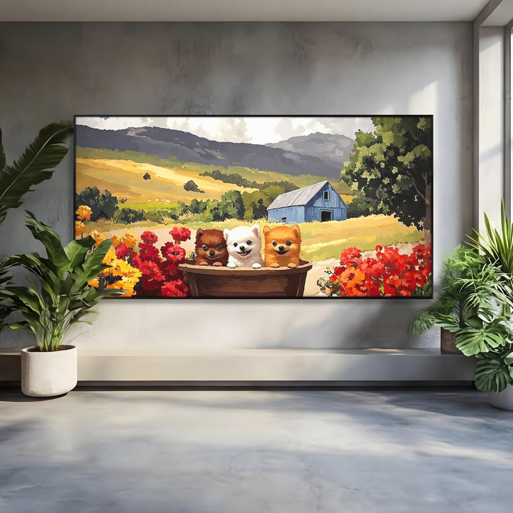 Tablou Canvas Premium, LuxCanva® M1256, Tabara Catelusilor, Catelusi, Flori, Peisaj, Dragalas, Casa, Ferma, Vegetatie, Rustic, Joaca, Copilarie, Prietenie, Birou, Living, Camera Copil