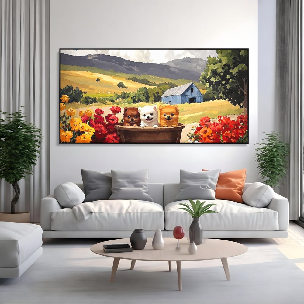 Tablou Canvas Premium, LuxCanva® M1256, Tabara Catelusilor, Catelusi, Flori, Peisaj, Dragalas, Casa, Ferma, Vegetatie, Rustic, Joaca, Copilarie, Prietenie, Birou, Living, Camera Copil