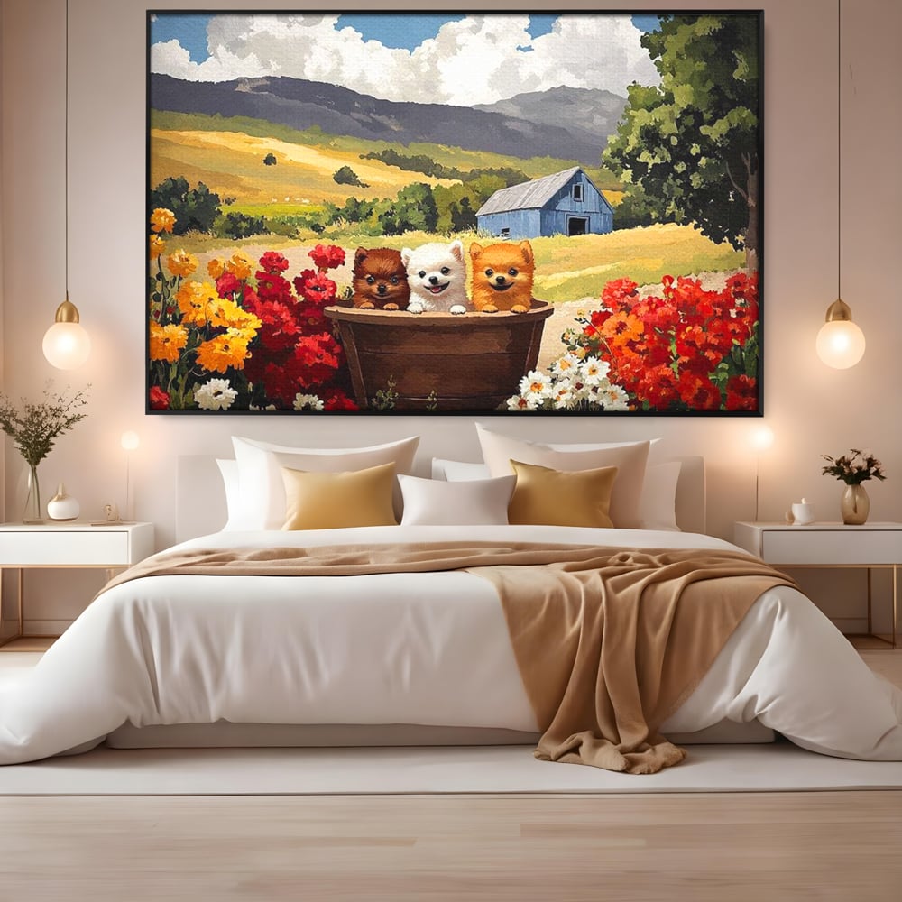 Tablou Canvas Premium, LuxCanva® M1256, Tabara Catelusilor, Catelusi, Flori, Peisaj, Dragalas, Casa, Ferma, Vegetatie, Rustic, Joaca, Copilarie, Prietenie, Birou, Living, Camera Copil
