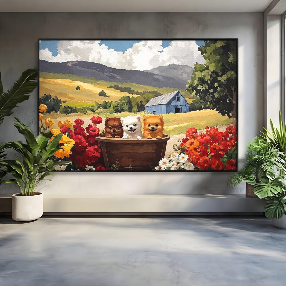 Tablou Canvas Premium, LuxCanva® M1256, Tabara Catelusilor, Catelusi, Flori, Peisaj, Dragalas, Casa, Ferma, Vegetatie, Rustic, Joaca, Copilarie, Prietenie, Birou, Living, Camera Copil
