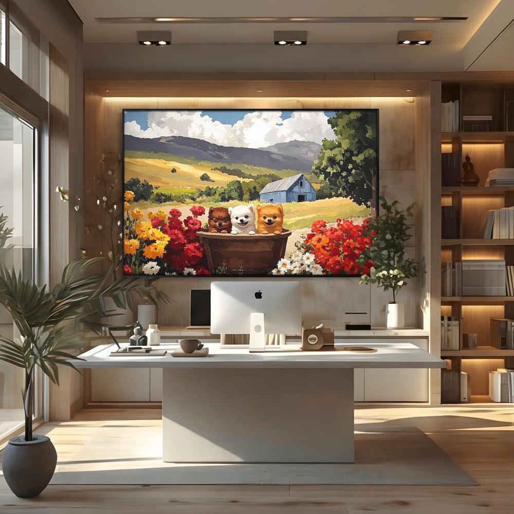 Tablou Canvas Premium, LuxCanva® M1256, Tabara Catelusilor, Catelusi, Flori, Peisaj, Dragalas, Casa, Ferma, Vegetatie, Rustic, Joaca, Copilarie, Prietenie, Birou, Living, Camera Copil