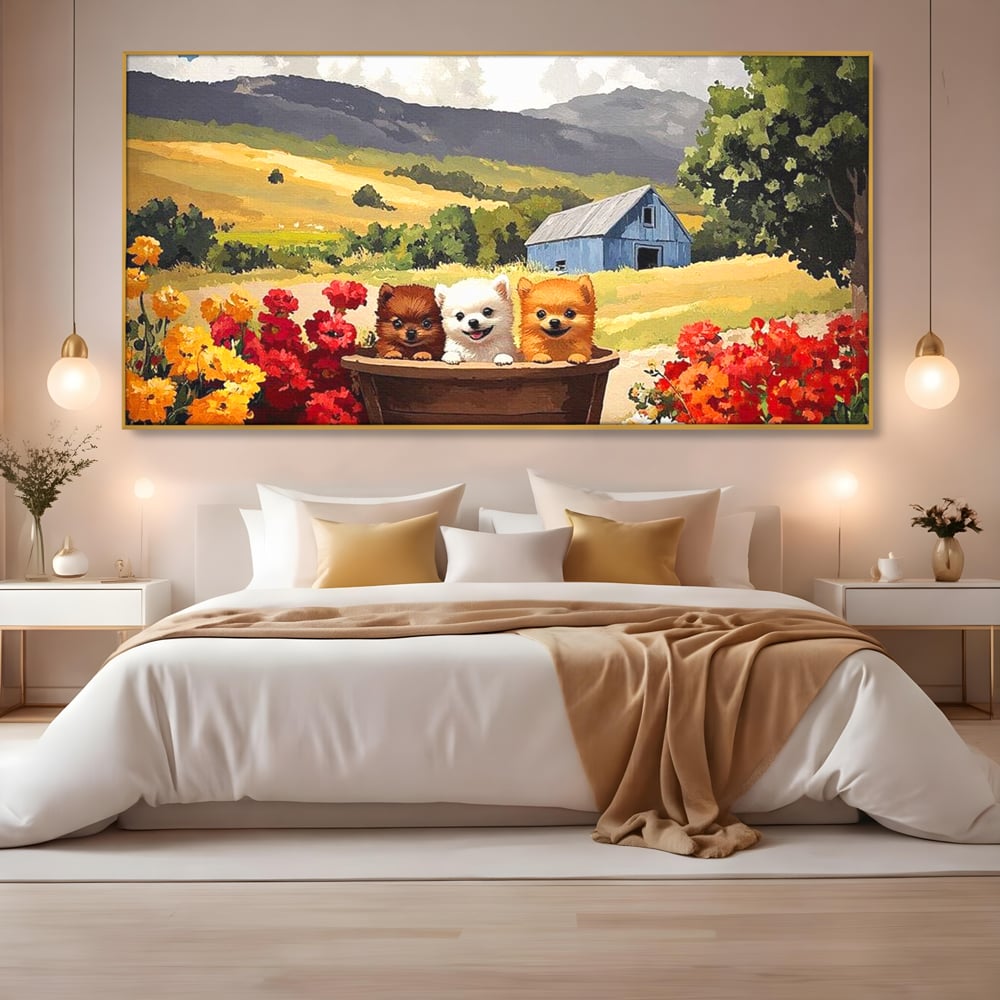 Tablou Canvas Premium, LuxCanva® M1256, Tabara Catelusilor, Catelusi, Flori, Peisaj, Dragalas, Casa, Ferma, Vegetatie, Rustic, Joaca, Copilarie, Prietenie, Birou, Living, Camera Copil