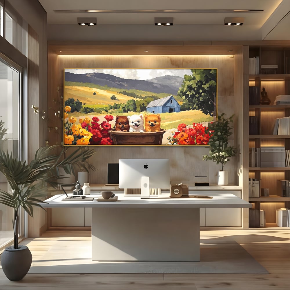 Tablou Canvas Premium, LuxCanva® M1256, Tabara Catelusilor, Catelusi, Flori, Peisaj, Dragalas, Casa, Ferma, Vegetatie, Rustic, Joaca, Copilarie, Prietenie, Birou, Living, Camera Copil