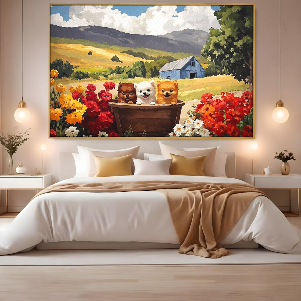 Tablou Canvas Premium, LuxCanva® M1256, Tabara Catelusilor, Catelusi, Flori, Peisaj, Dragalas, Casa, Ferma, Vegetatie, Rustic, Joaca, Copilarie, Prietenie, Birou, Living, Camera Copil