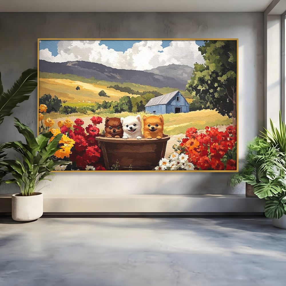 Tablou Canvas Premium, LuxCanva® M1256, Tabara Catelusilor, Catelusi, Flori, Peisaj, Dragalas, Casa, Ferma, Vegetatie, Rustic, Joaca, Copilarie, Prietenie, Birou, Living, Camera Copil
