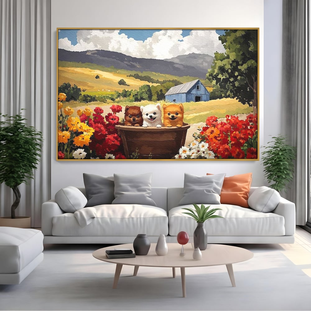 Tablou Canvas Premium, LuxCanva® M1256, Tabara Catelusilor, Catelusi, Flori, Peisaj, Dragalas, Casa, Ferma, Vegetatie, Rustic, Joaca, Copilarie, Prietenie, Birou, Living, Camera Copil