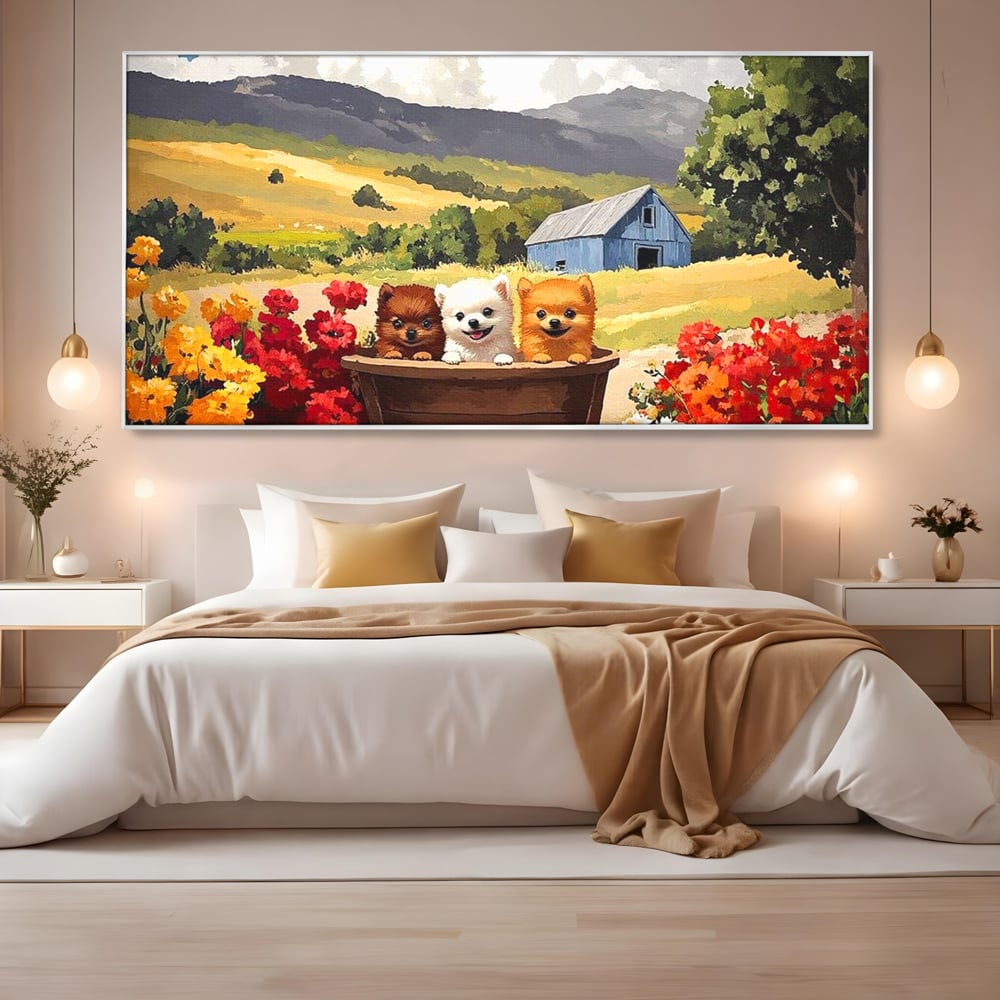 Tablou Canvas Premium, LuxCanva® M1256, Tabara Catelusilor, Catelusi, Flori, Peisaj, Dragalas, Casa, Ferma, Vegetatie, Rustic, Joaca, Copilarie, Prietenie, Birou, Living, Camera Copil