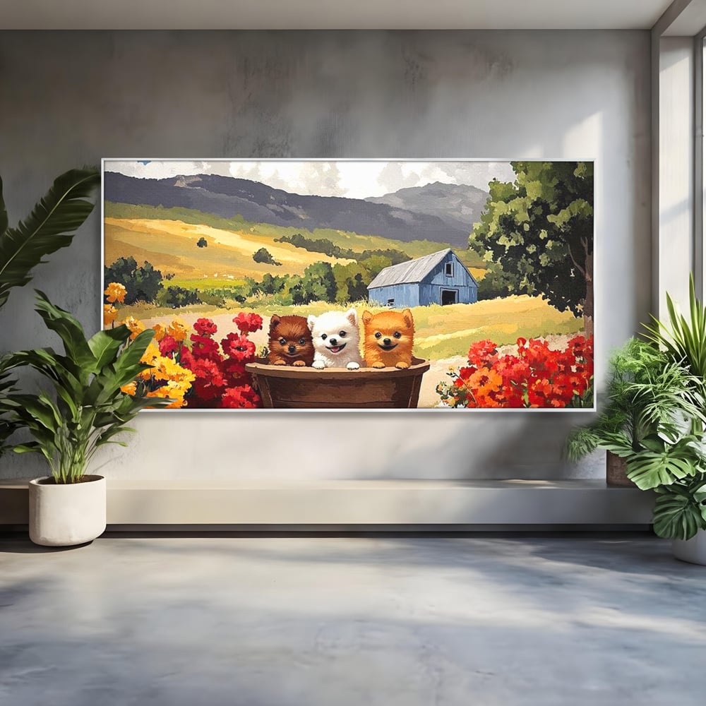 Tablou Canvas Premium, LuxCanva® M1256, Tabara Catelusilor, Catelusi, Flori, Peisaj, Dragalas, Casa, Ferma, Vegetatie, Rustic, Joaca, Copilarie, Prietenie, Birou, Living, Camera Copil