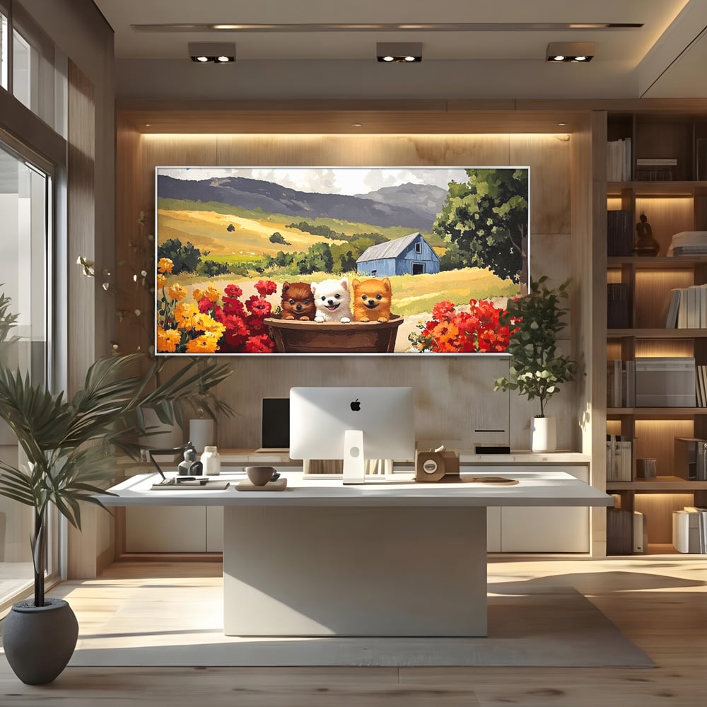 Tablou Canvas Premium, LuxCanva® M1256, Tabara Catelusilor, Catelusi, Flori, Peisaj, Dragalas, Casa, Ferma, Vegetatie, Rustic, Joaca, Copilarie, Prietenie, Birou, Living, Camera Copil