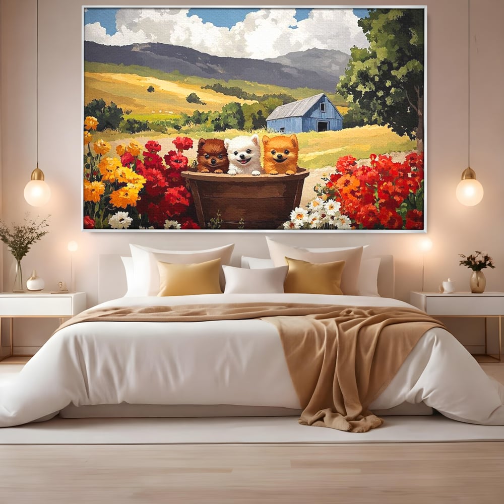 Tablou Canvas Premium, LuxCanva® M1256, Tabara Catelusilor, Catelusi, Flori, Peisaj, Dragalas, Casa, Ferma, Vegetatie, Rustic, Joaca, Copilarie, Prietenie, Birou, Living, Camera Copil