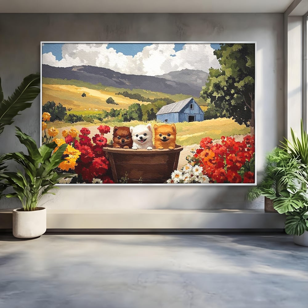 Tablou Canvas Premium, LuxCanva® M1256, Tabara Catelusilor, Catelusi, Flori, Peisaj, Dragalas, Casa, Ferma, Vegetatie, Rustic, Joaca, Copilarie, Prietenie, Birou, Living, Camera Copil