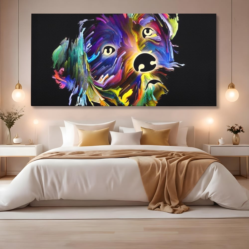 Leinwand Premium Canvas Wandkunst, LuxCanva® M1257, Pop Puppy, Abstrakt, Modern, Malerei, Pop Art, Neon, Welpe, Digital, Tier, Dekor, Chip, Büro, Wohnen, Wohnzimmer, Kinderzimmer