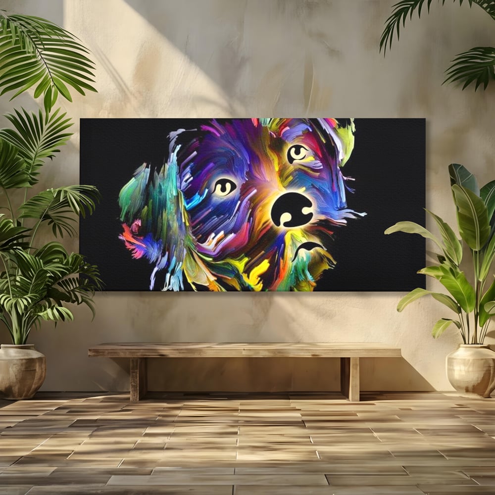 Leinwand Premium Canvas Wandkunst, LuxCanva® M1257, Pop Puppy, Abstrakt, Modern, Malerei, Pop Art, Neon, Welpe, Digital, Tier, Dekor, Chip, Büro, Wohnen, Wohnzimmer, Kinderzimmer