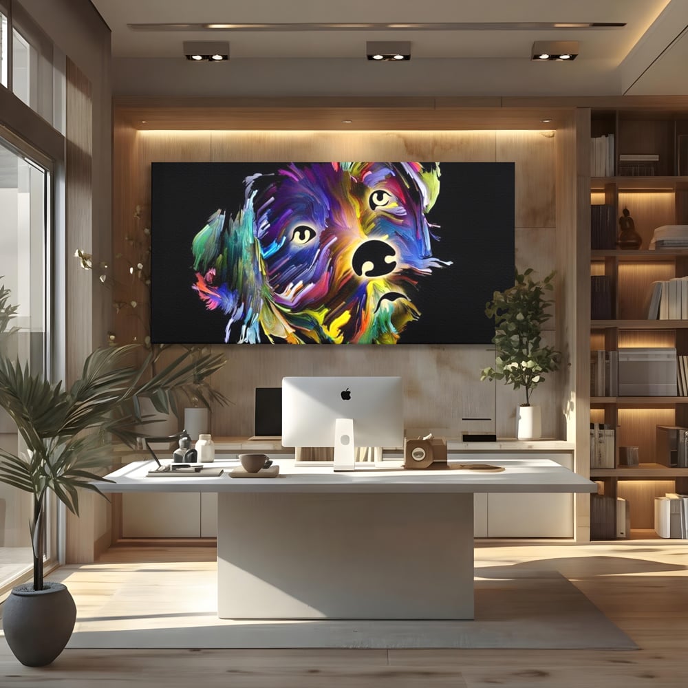Leinwand Premium Canvas Wandkunst, LuxCanva® M1257, Pop Puppy, Abstrakt, Modern, Malerei, Pop Art, Neon, Welpe, Digital, Tier, Dekor, Chip, Büro, Wohnen, Wohnzimmer, Kinderzimmer
