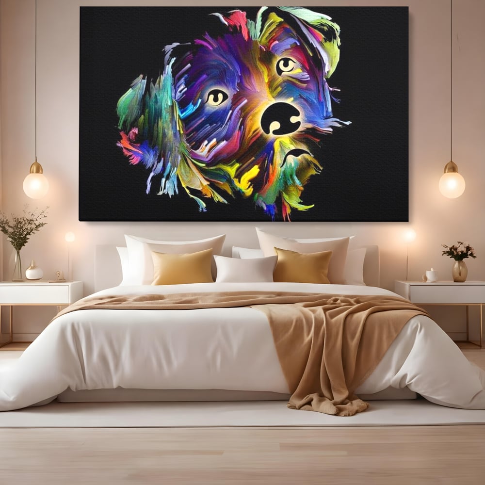 Leinwand Premium Canvas Wandkunst, LuxCanva® M1257, Pop Puppy, Abstrakt, Modern, Malerei, Pop Art, Neon, Welpe, Digital, Tier, Dekor, Chip, Büro, Wohnen, Wohnzimmer, Kinderzimmer