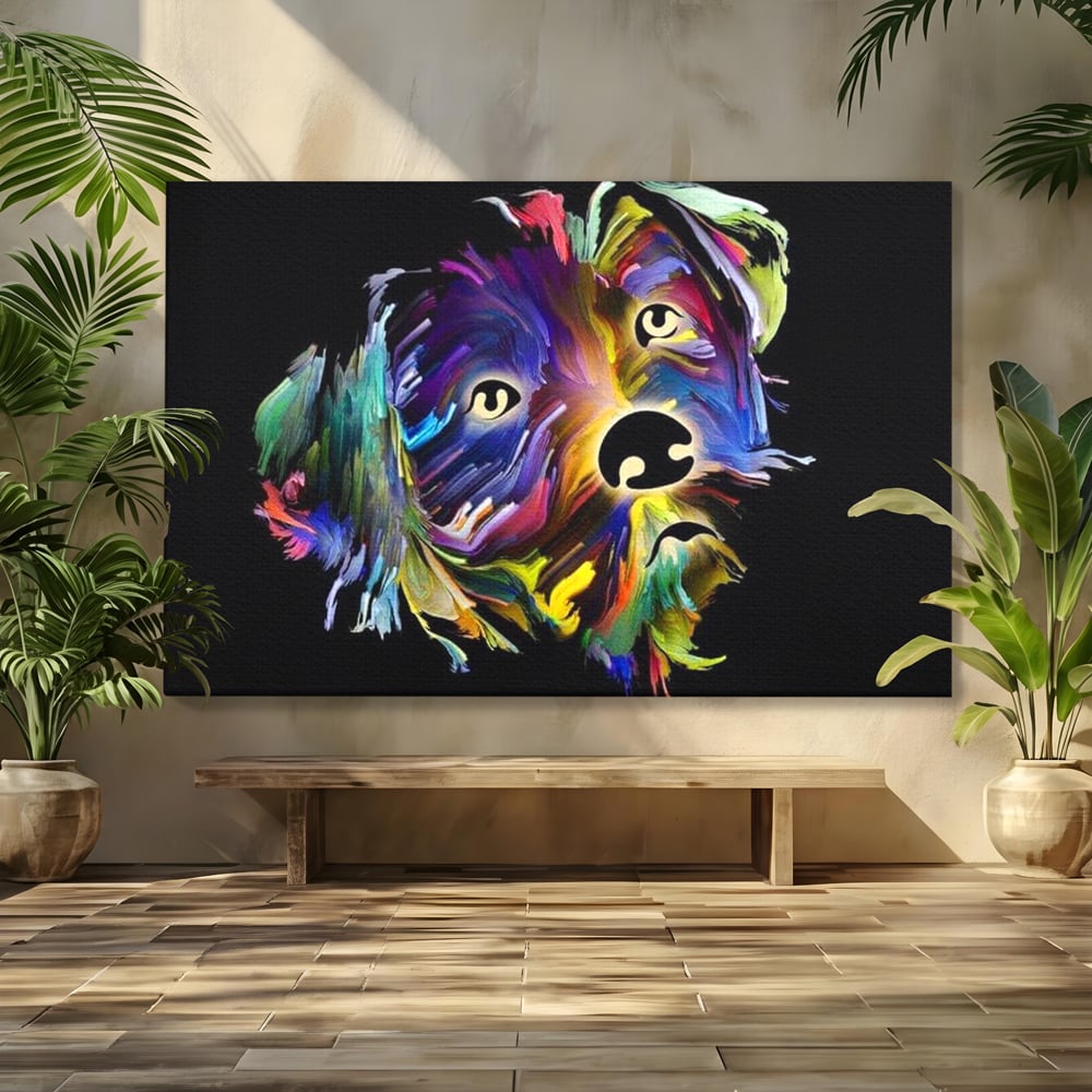 Leinwand Premium Canvas Wandkunst, LuxCanva® M1257, Pop Puppy, Abstrakt, Modern, Malerei, Pop Art, Neon, Welpe, Digital, Tier, Dekor, Chip, Büro, Wohnen, Wohnzimmer, Kinderzimmer