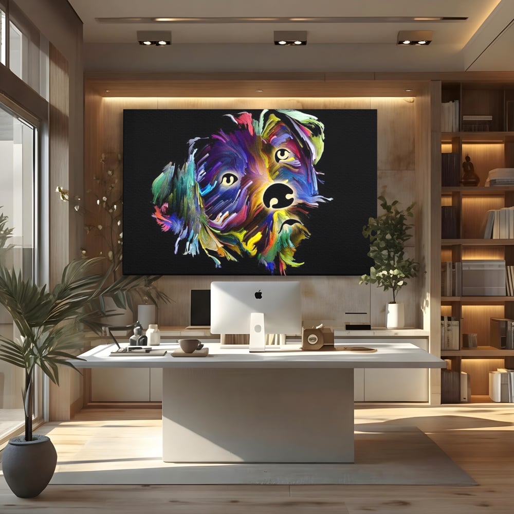 Leinwand Premium Canvas Wandkunst, LuxCanva® M1257, Pop Puppy, Abstrakt, Modern, Malerei, Pop Art, Neon, Welpe, Digital, Tier, Dekor, Chip, Büro, Wohnen, Wohnzimmer, Kinderzimmer