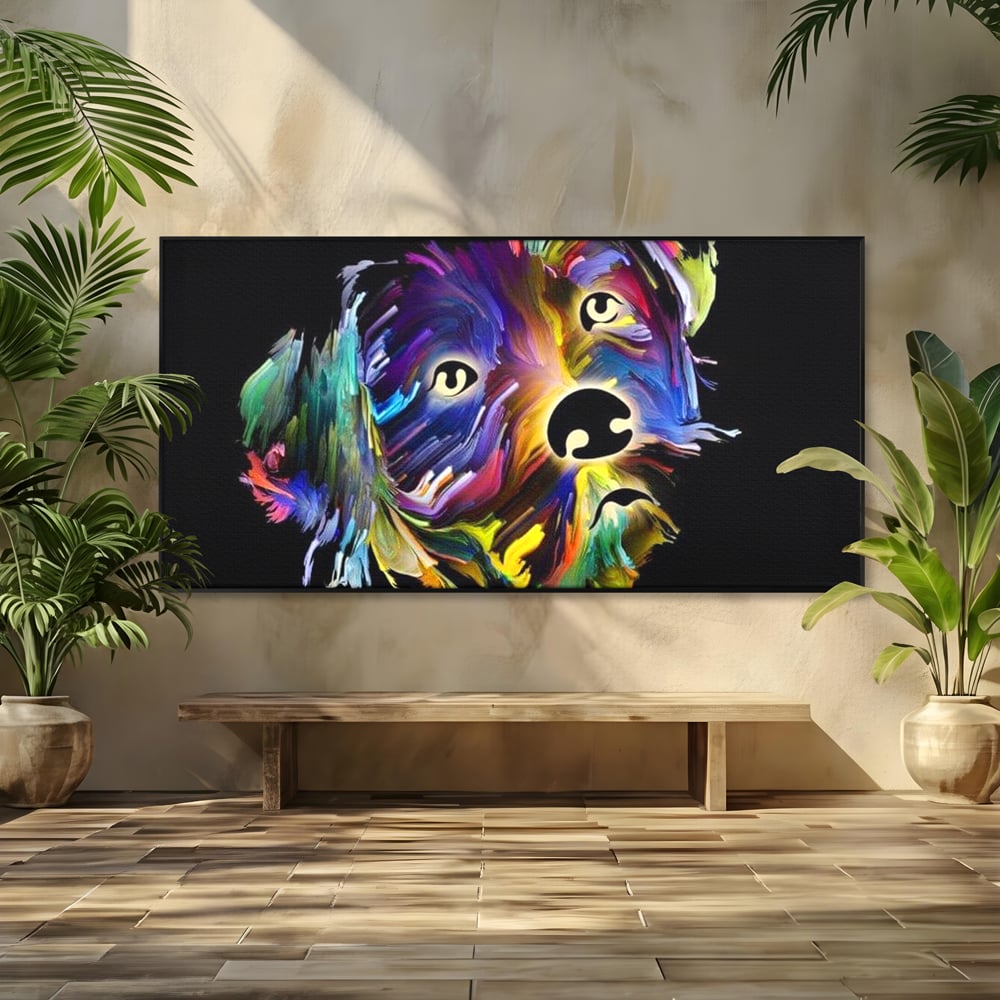 Leinwand Premium Canvas Wandkunst, LuxCanva® M1257, Pop Puppy, Abstrakt, Modern, Malerei, Pop Art, Neon, Welpe, Digital, Tier, Dekor, Chip, Büro, Wohnen, Wohnzimmer, Kinderzimmer
