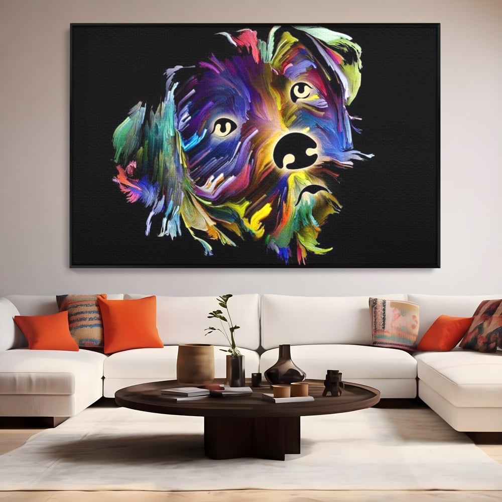 Leinwand Premium Canvas Wandkunst, LuxCanva® M1257, Pop Puppy, Abstrakt, Modern, Malerei, Pop Art, Neon, Welpe, Digital, Tier, Dekor, Chip, Büro, Wohnen, Wohnzimmer, Kinderzimmer