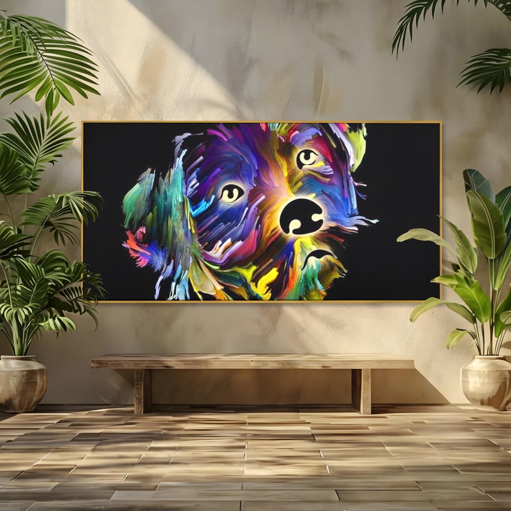 Leinwand Premium Canvas Wandkunst, LuxCanva® M1257, Pop Puppy, Abstrakt, Modern, Malerei, Pop Art, Neon, Welpe, Digital, Tier, Dekor, Chip, Büro, Wohnen, Wohnzimmer, Kinderzimmer