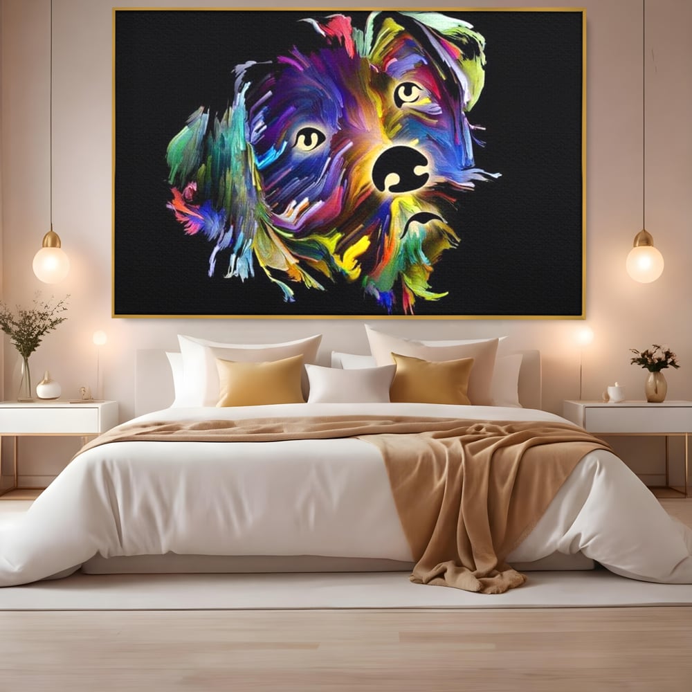 Leinwand Premium Canvas Wandkunst, LuxCanva® M1257, Pop Puppy, Abstrakt, Modern, Malerei, Pop Art, Neon, Welpe, Digital, Tier, Dekor, Chip, Büro, Wohnen, Wohnzimmer, Kinderzimmer