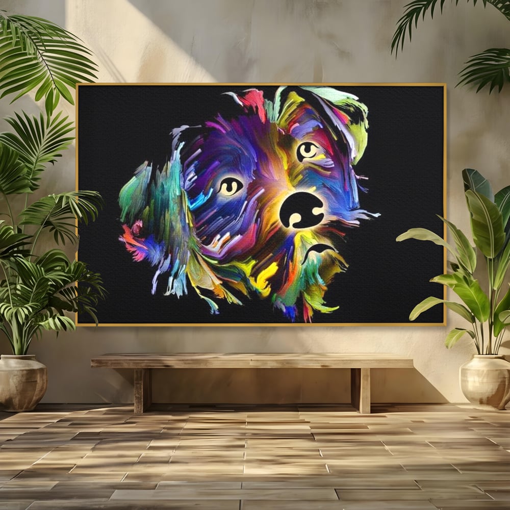 Leinwand Premium Canvas Wandkunst, LuxCanva® M1257, Pop Puppy, Abstrakt, Modern, Malerei, Pop Art, Neon, Welpe, Digital, Tier, Dekor, Chip, Büro, Wohnen, Wohnzimmer, Kinderzimmer