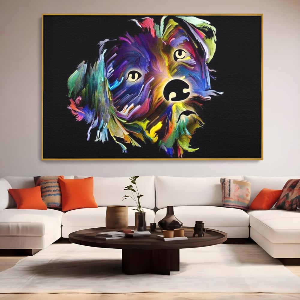 Leinwand Premium Canvas Wandkunst, LuxCanva® M1257, Pop Puppy, Abstrakt, Modern, Malerei, Pop Art, Neon, Welpe, Digital, Tier, Dekor, Chip, Büro, Wohnen, Wohnzimmer, Kinderzimmer