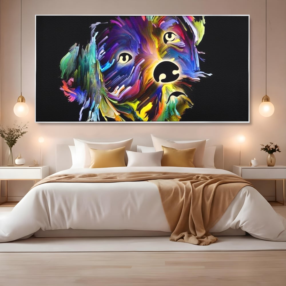 Leinwand Premium Canvas Wandkunst, LuxCanva® M1257, Pop Puppy, Abstrakt, Modern, Malerei, Pop Art, Neon, Welpe, Digital, Tier, Dekor, Chip, Büro, Wohnen, Wohnzimmer, Kinderzimmer
