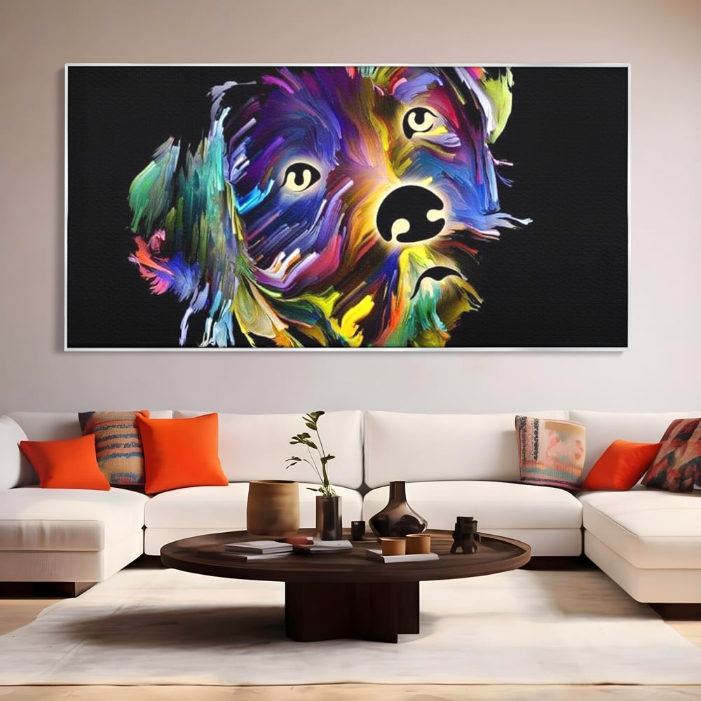 Leinwand Premium Canvas Wandkunst, LuxCanva® M1257, Pop Puppy, Abstrakt, Modern, Malerei, Pop Art, Neon, Welpe, Digital, Tier, Dekor, Chip, Büro, Wohnen, Wohnzimmer, Kinderzimmer