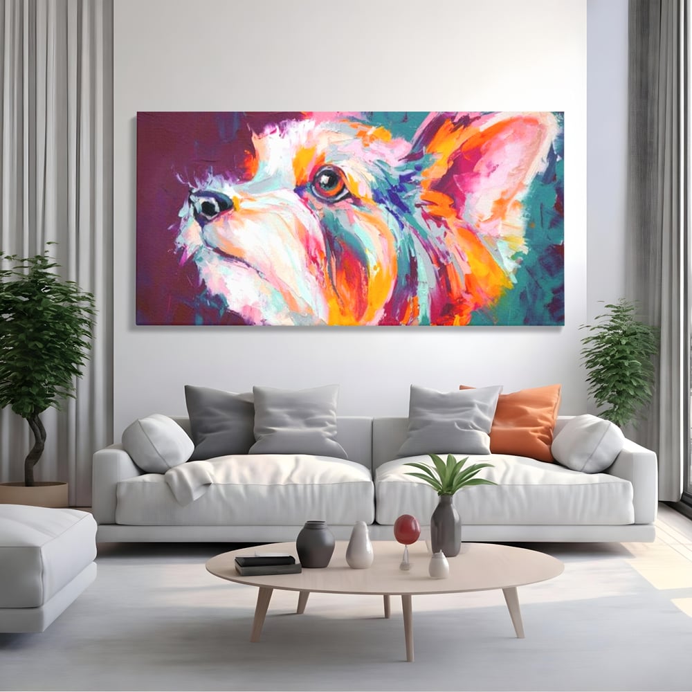 Leinwand Premium Canvas Wandkunst, LuxCanva® M1258, Soul Jucaus, Welpe, Yorkshire, Pastell, Kunst, Abstrakt, Modern, Portrait, Profil, Mehrfarbig, Malerei, Büro, Wohnen, Kinderzimmer