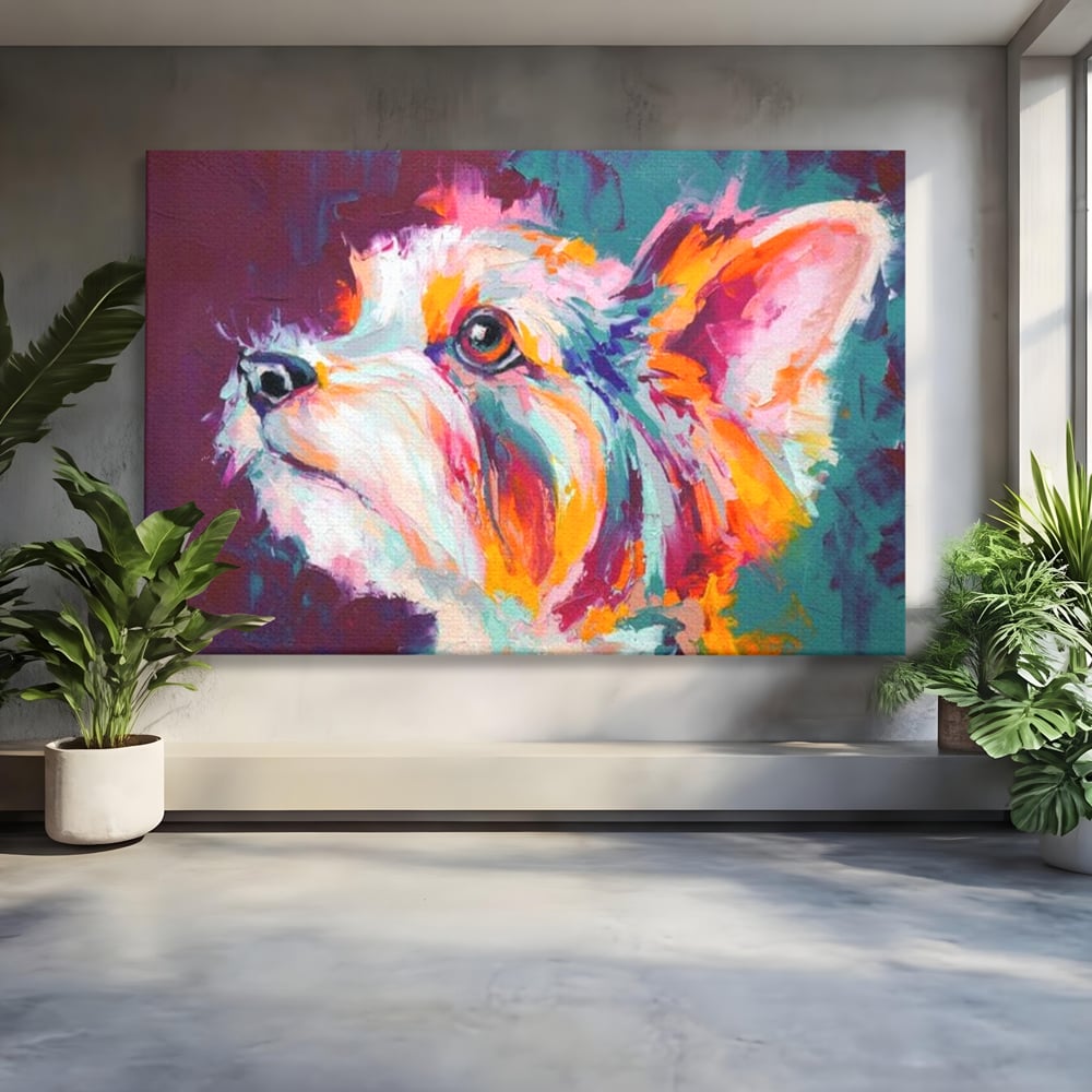 Leinwand Premium Canvas Wandkunst, LuxCanva® M1258, Soul Jucaus, Welpe, Yorkshire, Pastell, Kunst, Abstrakt, Modern, Portrait, Profil, Mehrfarbig, Malerei, Büro, Wohnen, Kinderzimmer
