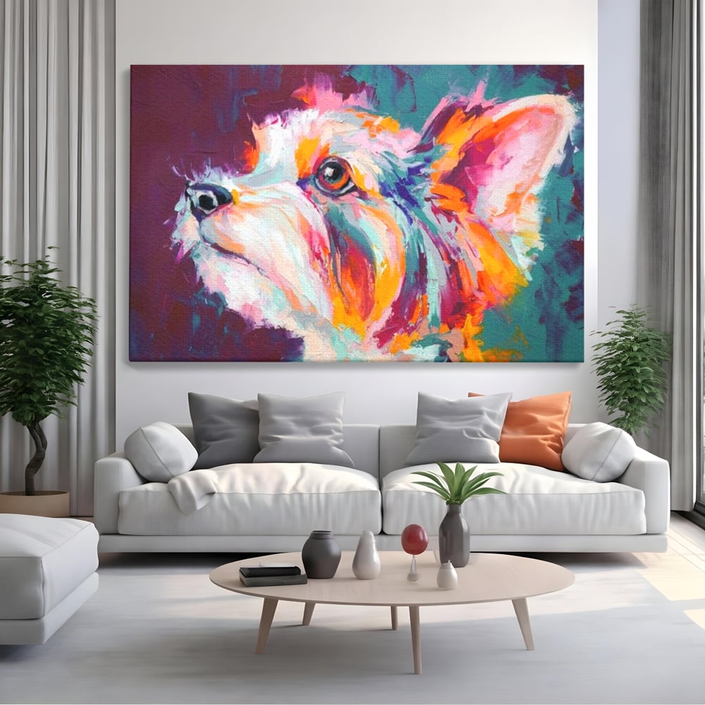 Leinwand Premium Canvas Wandkunst, LuxCanva® M1258, Soul Jucaus, Welpe, Yorkshire, Pastell, Kunst, Abstrakt, Modern, Portrait, Profil, Mehrfarbig, Malerei, Büro, Wohnen, Kinderzimmer