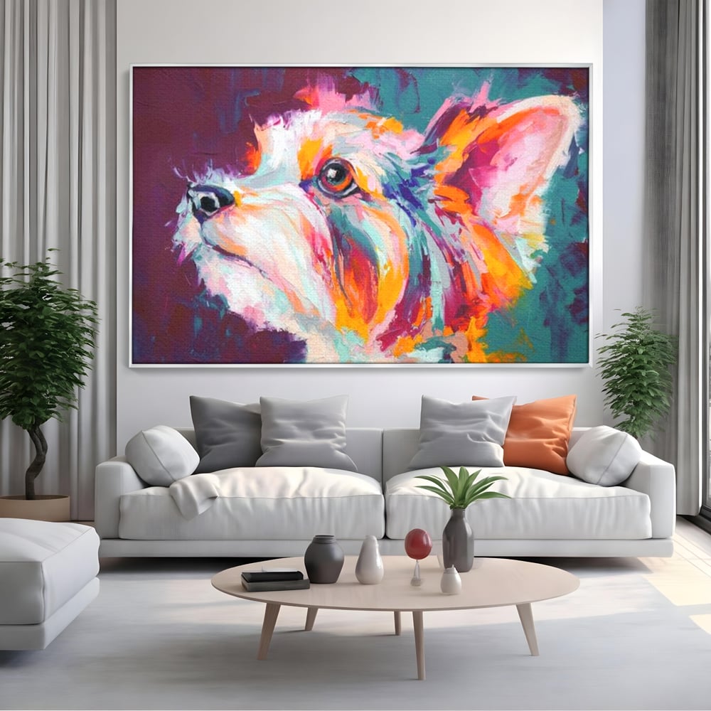 Leinwand Premium Canvas Wandkunst, LuxCanva® M1258, Soul Jucaus, Welpe, Yorkshire, Pastell, Kunst, Abstrakt, Modern, Portrait, Profil, Mehrfarbig, Malerei, Büro, Wohnen, Kinderzimmer