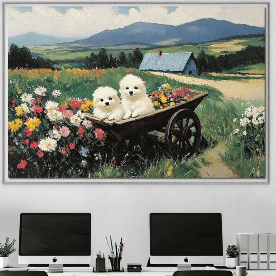 Tablou Canvas Premium LuxCanva® "Primavara pe Roti" (M1259) prezintă doi cățeluși adorabili într-un cărucior plin de flori, într-un peisaj de primăvară cu munți - perfect pentru camera de zi, birou sau camera copiilor.