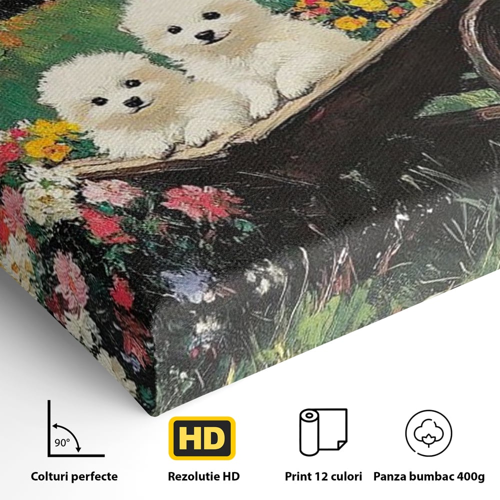 Fotoleinwand Leinwand Premium, LuxCanva® M1259, Frühling auf Rädern, Blumen, Auto, Auto, Landschaft, Berge, Malerei, Welpen, Frühling, Gras, liebenswert, liebenswert, Räder, Freunde, Büro, Wohnen, Wohnzimmer, Kinderzimmer