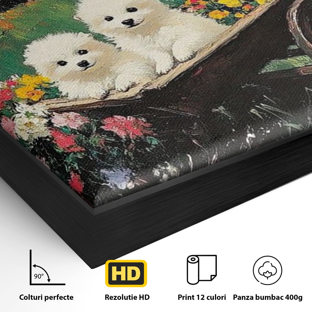 Fotoleinwand Leinwand Premium, LuxCanva® M1259, Frühling auf Rädern, Blumen, Auto, Auto, Landschaft, Berge, Malerei, Welpen, Frühling, Gras, liebenswert, liebenswert, Räder, Freunde, Büro, Wohnen, Wohnzimmer, Kinderzimmer