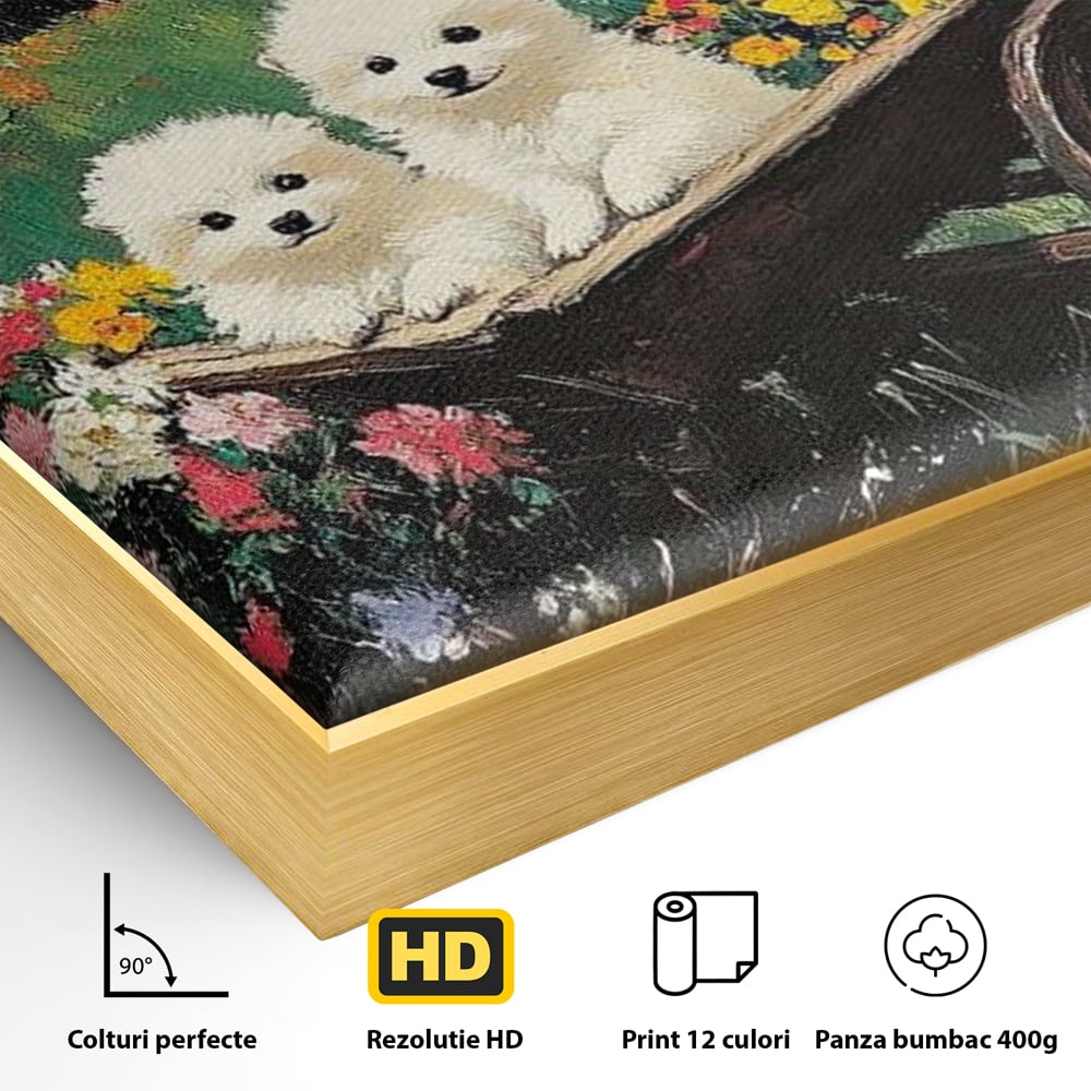 Fotoleinwand Leinwand Premium, LuxCanva® M1259, Frühling auf Rädern, Blumen, Auto, Auto, Landschaft, Berge, Malerei, Welpen, Frühling, Gras, liebenswert, liebenswert, Räder, Freunde, Büro, Wohnen, Wohnzimmer, Kinderzimmer