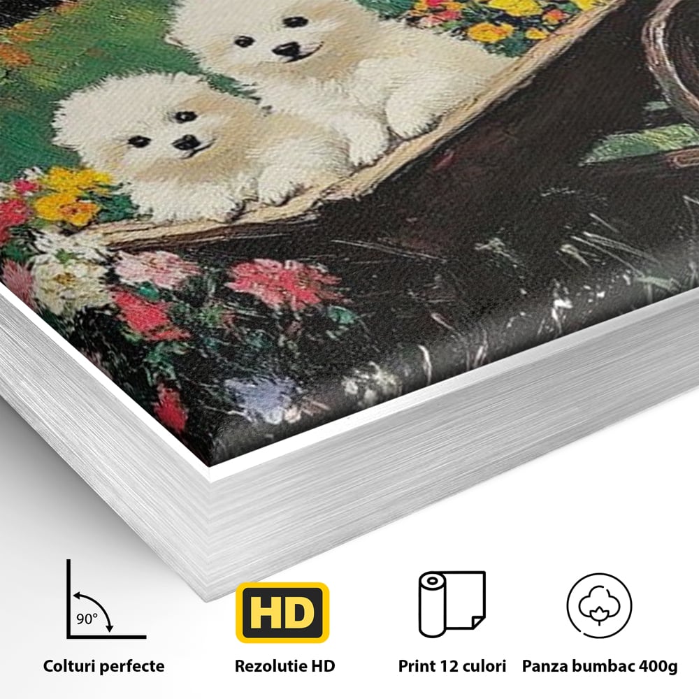 Fotoleinwand Leinwand Premium, LuxCanva® M1259, Frühling auf Rädern, Blumen, Auto, Auto, Landschaft, Berge, Malerei, Welpen, Frühling, Gras, liebenswert, liebenswert, Räder, Freunde, Büro, Wohnen, Wohnzimmer, Kinderzimmer