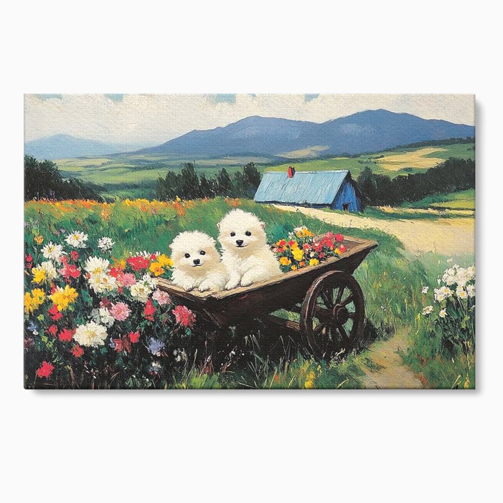 Fotoleinwand Leinwand Premium, LuxCanva® M1259, Frühling auf Rädern, Blumen, Auto, Auto, Landschaft, Berge, Malerei, Welpen, Frühling, Gras, liebenswert, liebenswert, Räder, Freunde, Büro, Wohnen, Wohnzimmer, Kinderzimmer