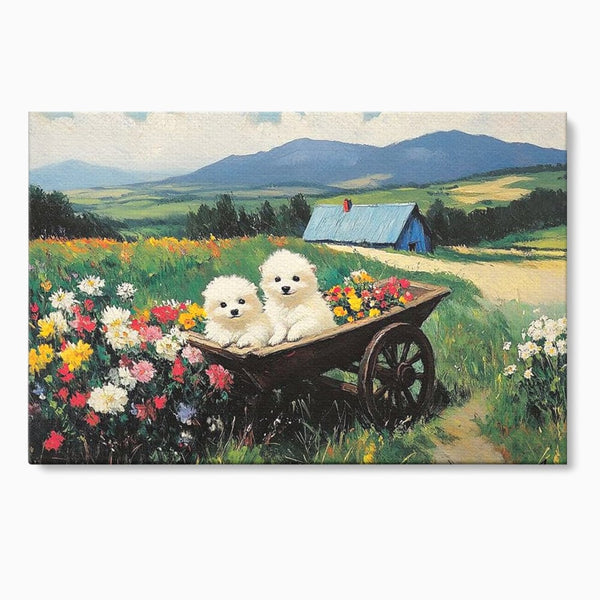 Fotoleinwand Leinwand Premium, LuxCanva® M1259, Frühling auf Rädern, Blumen, Auto, Auto, Landschaft, Berge, Malerei, Welpen, Frühling, Gras, liebenswert, liebenswert, Räder, Freunde, Büro, Wohnen, Wohnzimmer, Kinderzimmer