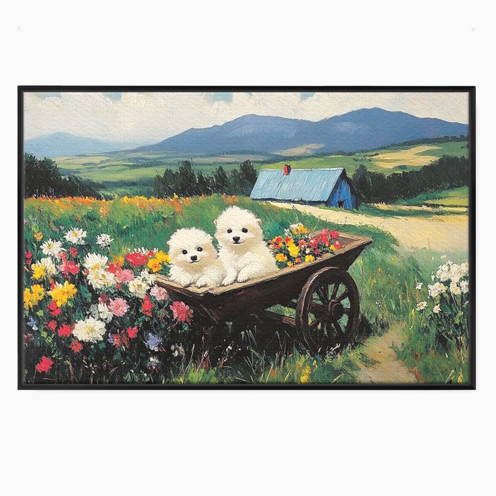 Fotoleinwand Leinwand Premium, LuxCanva® M1259, Frühling auf Rädern, Blumen, Auto, Auto, Landschaft, Berge, Malerei, Welpen, Frühling, Gras, liebenswert, liebenswert, Räder, Freunde, Büro, Wohnen, Wohnzimmer, Kinderzimmer