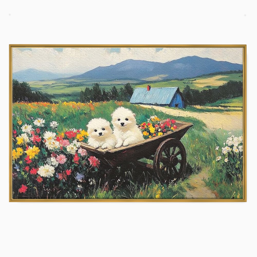 Fotoleinwand Leinwand Premium, LuxCanva® M1259, Frühling auf Rädern, Blumen, Auto, Auto, Landschaft, Berge, Malerei, Welpen, Frühling, Gras, liebenswert, liebenswert, Räder, Freunde, Büro, Wohnen, Wohnzimmer, Kinderzimmer