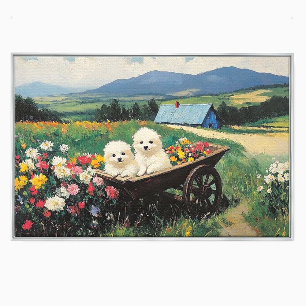Fotoleinwand Leinwand Premium, LuxCanva® M1259, Frühling auf Rädern, Blumen, Auto, Auto, Landschaft, Berge, Malerei, Welpen, Frühling, Gras, liebenswert, liebenswert, Räder, Freunde, Büro, Wohnen, Wohnzimmer, Kinderzimmer