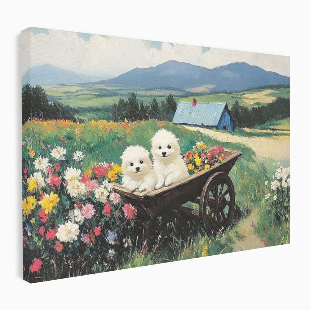 Fotoleinwand Leinwand Premium, LuxCanva® M1259, Frühling auf Rädern, Blumen, Auto, Auto, Landschaft, Berge, Malerei, Welpen, Frühling, Gras, liebenswert, liebenswert, Räder, Freunde, Büro, Wohnen, Wohnzimmer, Kinderzimmer